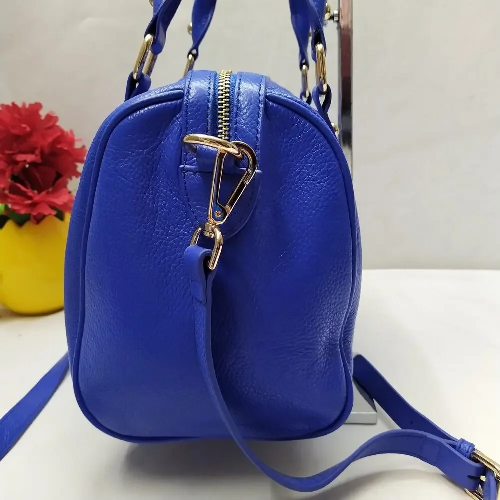 Terzetto Blue Pebbled Leather Double Handle Zipper Closure Satchel Shoulder Bag
